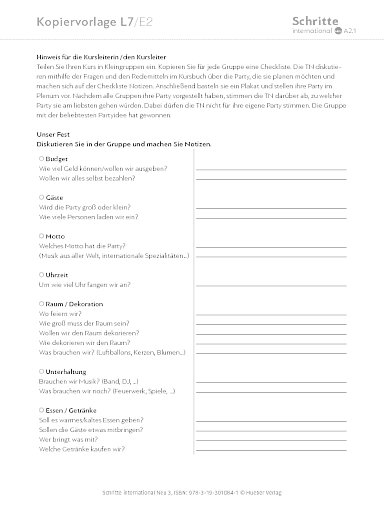 Kopiervorlage, Lektion 7, E2