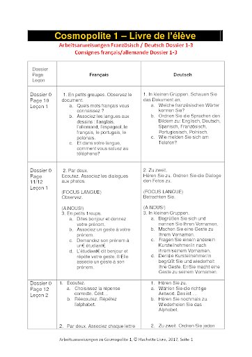 Cosmopolite 1: Arbeitsanweisungen