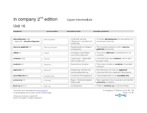 Wortlisten Unit 16 bis 18