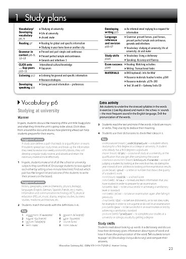Teacher's Book, Unit 1: Study plans