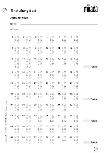 Einstufungstest und Antwortblatt