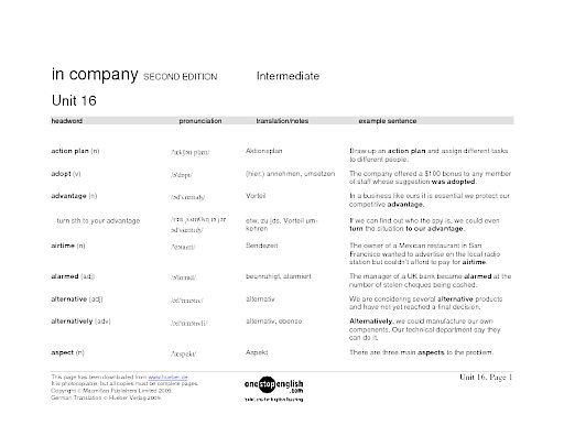 Wortlisten Unit 16 bis 20