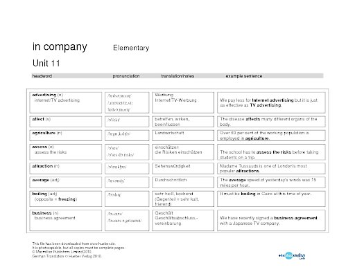 Wortlisten Unit 11 bis 15