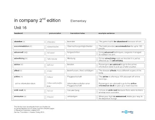 Wortlisten Unit 16 bis 20