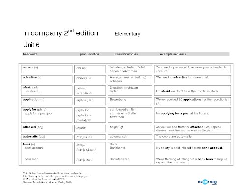Wortlisten Unit 6 bis 10