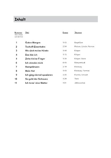 Inhaltsverzeichnis und Musterseiten Lied 1 und Lied 2
