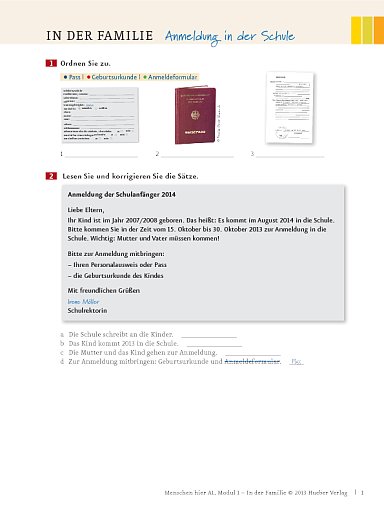 In der Familie: Anmeldung in der Schule – Arbeitsblatt (Modul 1)