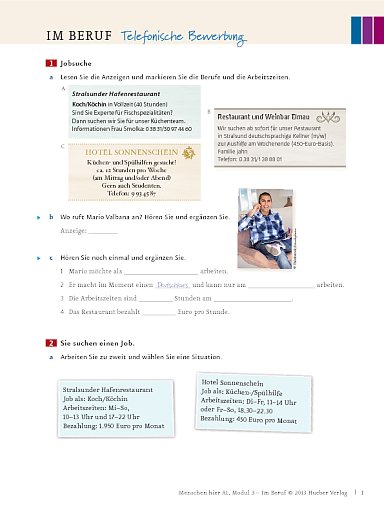 Im Beruf: Telefonische Bewerbung – Arbeitsblatt (Modul 3)