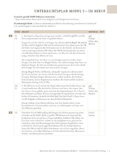 Im Beruf: Meine Arbeit – Unterrichtsplan (Modul 5)