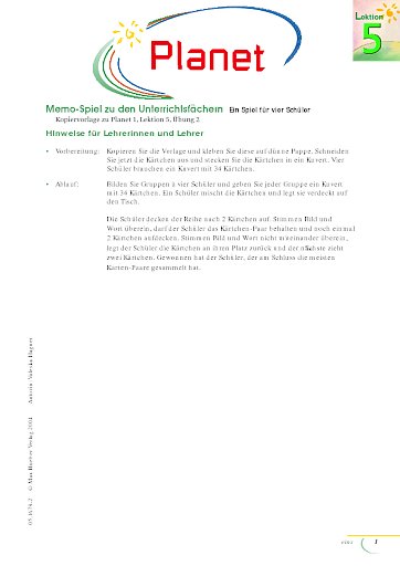 Memo-Spiel zu den Unterrichtsfächern