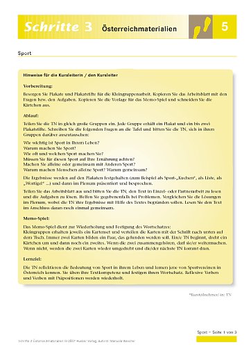 Lesetext und Memo-Spiel: Sport und Sportvereine
