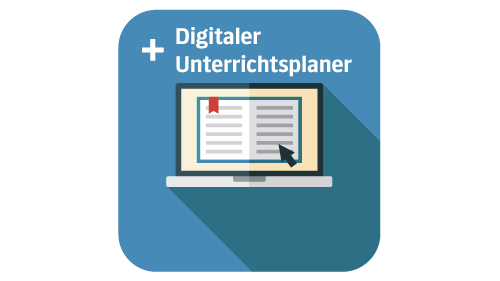 Illustration Laptop mit abgebildeten Buch und Schriftzug + Digitaler Unterrichtsplaner auf dem Monitor vor blauem Hintergrund