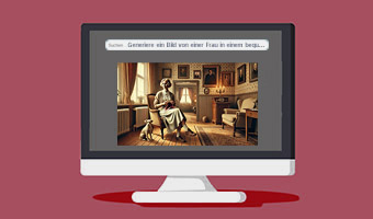 Illustration eines Monitors mit einem KI-generierten Bild: 
In einem altmodischen Zimmer sitzt eine Frau mit Hund und strickt.