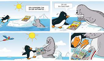 Comic mit einem Pinguin und einem Seelöwen, die um ein Comic-Heft streiten.