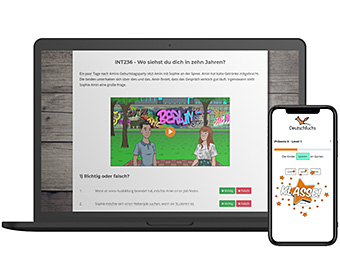 Deutschfuchs Übungsspiel auf einem Laptop und Smartphone