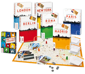 Abbildung des Spielbretts und der Spiele von Ein Wochenende in Madrid/London/New York/Berlin/Paris/Rom.