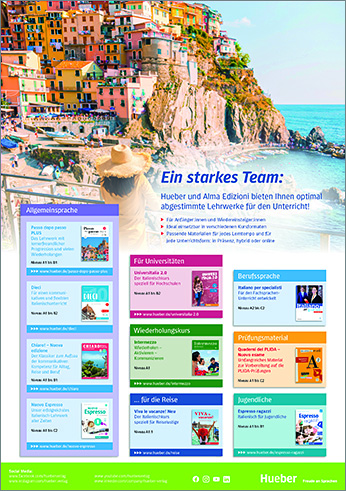 Poster auf dem die Italienisch-Lehrwerke Dieci, Espresso ragazzi, UniversItalia 2.0, Chiaro!, Nuovo Espresso, Intermezzo und Viva le vacanze abgebildet sind.