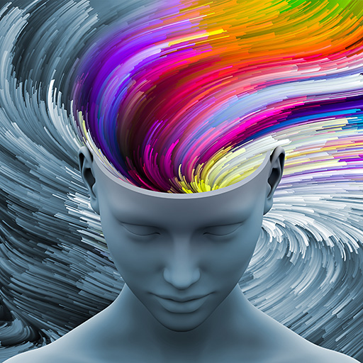 Illustration eines Kopfes, aus dem Farben strömen