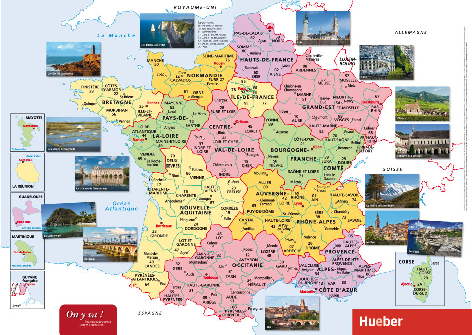 Landkarte von Frankreich mit Bildern von Städten und Regionen