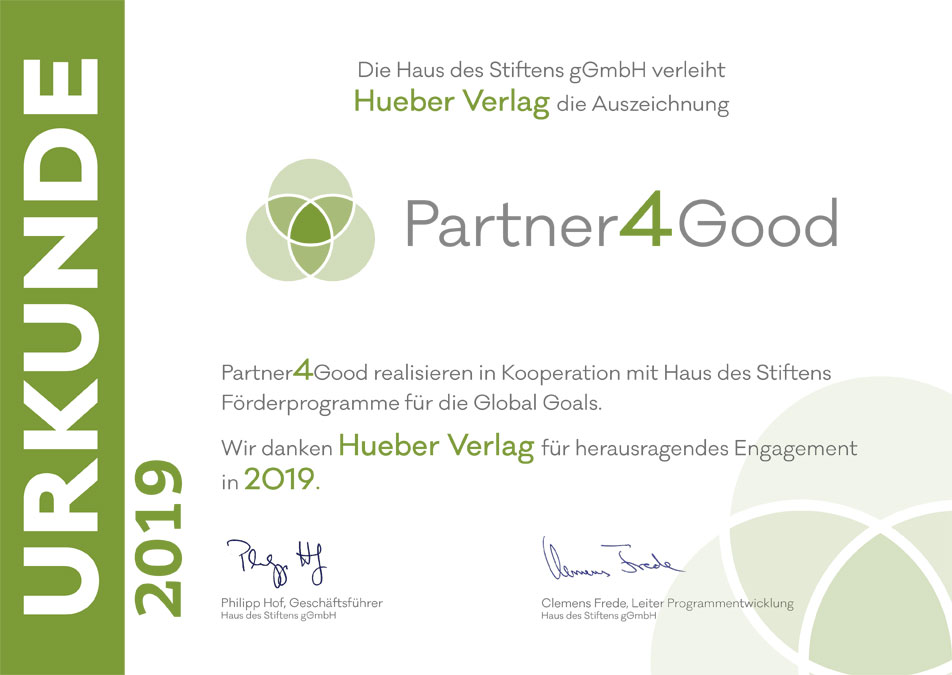 Abbildung der Urkunde Partner4Good, mit der Hueber 2019 vom Haus des Stiftens ausgezeichnet wurde.