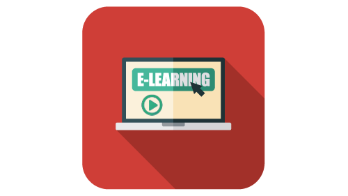 Illustration Laptop mit E-Learning Schriftzug darauf auf rotem Hintergrund