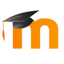 Moodle-Logo mit orangefarbigen m mit Doktorhut