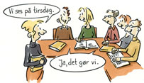 Illustration einer Lehrkraft vor einer Klasse, in Sprechblasen steht ein dänischer Text